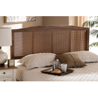Baxton Studio MG97132-Ash Walnut Rattan-Queen-Headboard Marieke Mid-Century Modern Ash Wanut Finished Wood and Synthetic Rattan Queen Size Headboard
